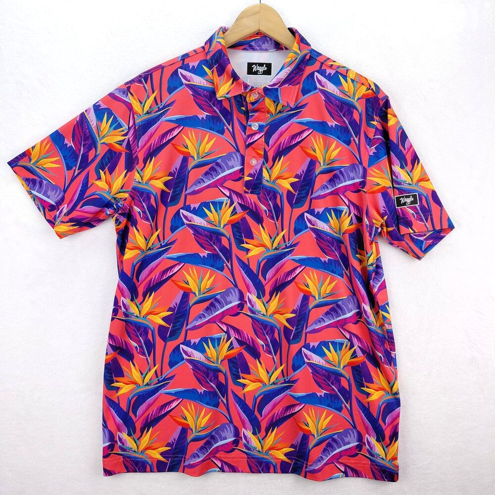 Waggle Polo Shirt Mens Large Orange Purple Tropical Hawaiian Performance Golf